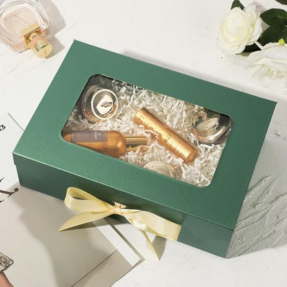 5 Pcs Green Gift Box for Presents with Ribbon 10.8x7.5x3.5 Inches Clear Gift Box with Window Magnetic Closure Gift Boxes with Lids