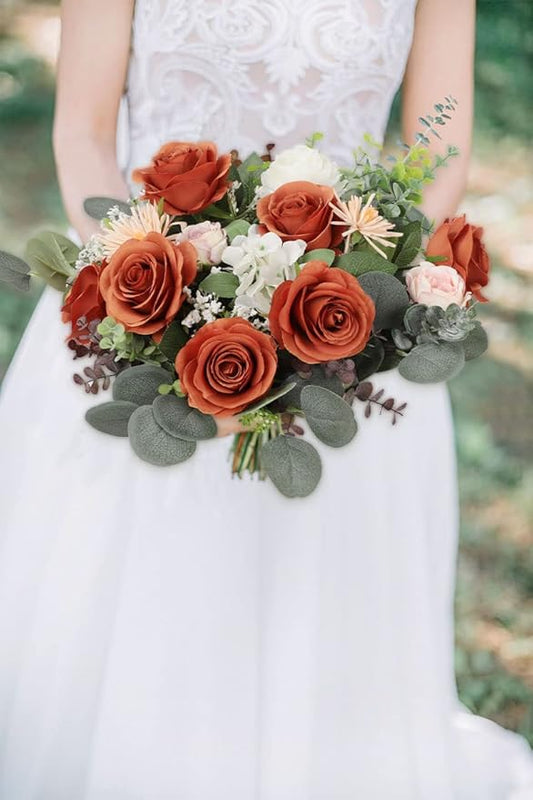 30pcs Roses Artificial Flowers Burnt Orange Fake Roses Flowers with Long Stems Silk Flowers for Wedding Bouquet Centerpices Decorations Party Bridal Baby Shower Home Decor