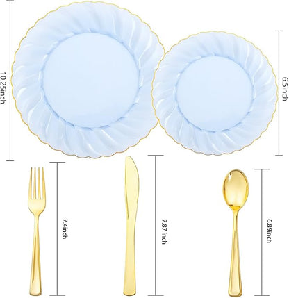 YOUBET 125PCS Clear Blue Gold Plastic Plates - Blue Disposable Plates With Gold Rim Include 25 Dinner Plates 25 Dessert Plates 75 Golden Silverwares for Wedding Birthday & Parties