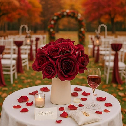 12-Piece Faux Real Touch Rose Bouquet with Ceramic Vase, Fake Flowers in Vase, Artificial Flowers for Home, Wedding, Bridal Bouquet, Party & Dining Table Centerpiece Decor (Burgundy, 10" High)