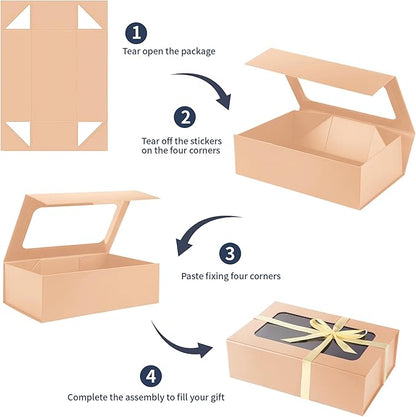 TIACABO Rose Gold Large Gift Box with Window, 13.5"x9"x4.3" Bridesmaid Boxe for Gifts Giving,Birthday Gift Boxes with Magnetic,Closure Lid Gifts Box for Presents,Cute Boxe,Luxury for Gift Packaging