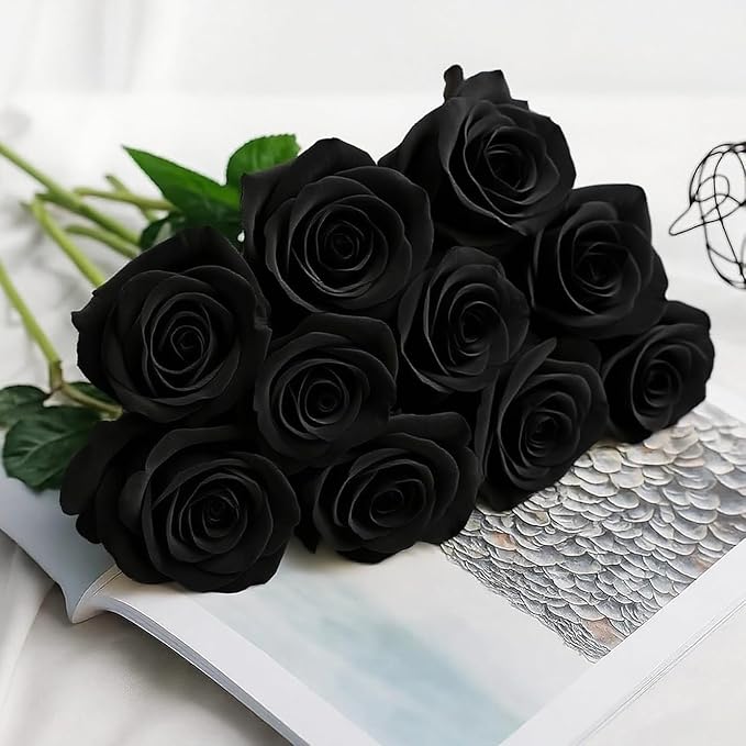 Black Roses Artificial Flowers 15 PCS, Fake Roses Silk Flowers with Long Stems, Faux Rose for Wedding Centerpieces, Home Decor, Indoor Floral Arrangements, Party Decor, DIY Bouquet (Black)
