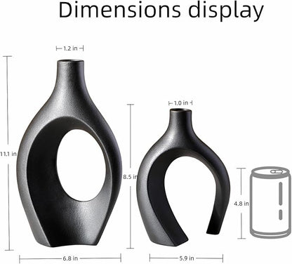 Extra LargeMatte Black Ceramic Vase Set of 2 Vase for Pampas Grass, Modern Circle Donut Aesthetic Flower Decorative Vases for Nordic Style Boho Home Decor (W 6.8" X H 11")