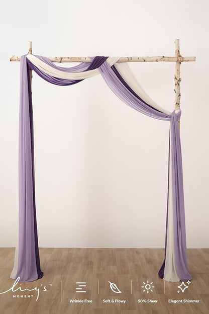 Ling's moment Wedding Arch Draping Fabric 3 Panels 20Ft Purple Chiffon Fabric,Sheer Hanging Drapes Arrangement for Wedding Ceremony Backdrop Party Swag Home Decor (Lilac & Gold)