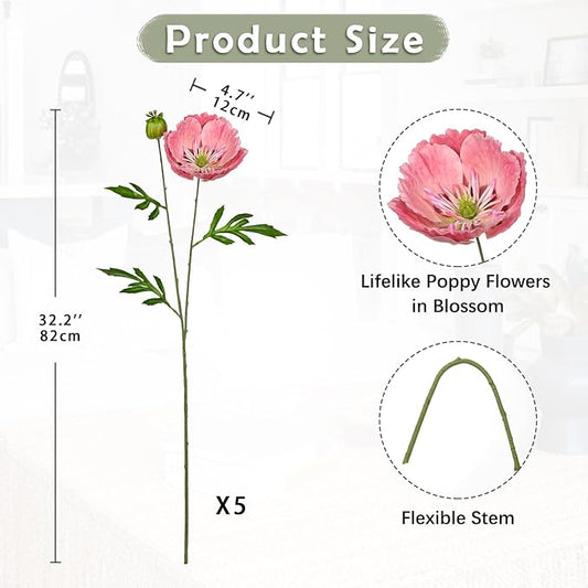 Hollyone 5Pcs Pink Poppy Flowers Artificial Bouquet 32.2" Silk Fake Poppy Flowers Arrangement Real Touch Faux Poppies Flower Long Stem for DIY Wedding Party Table Centerpiece Table Home Decor