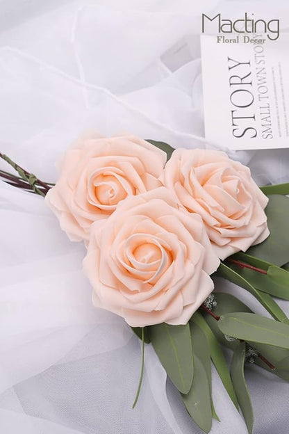 MACTING Artificial Flower Roses 30PCS Real Touch Fake Flowers with Stem Foam Roses for DIY Wedding Bouquet Table Centerpieces Party Baby Shower Valentines Day Gifts Spring Decorations,Champagne