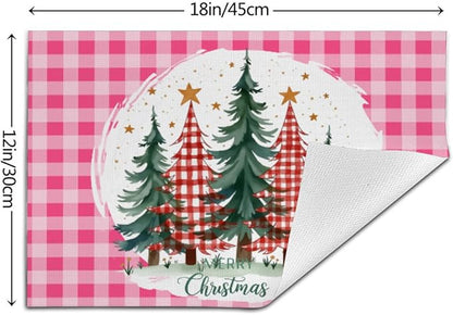 PVC Placemats Set of 6 Wipeable Table Mats Washable Heat Resistant Non Slip Vinyl Dining Table Mat for Kitchen Indoor Outdoor Patio Farmhouse Place Mats Pink Grid Christmas Tree Decorative
