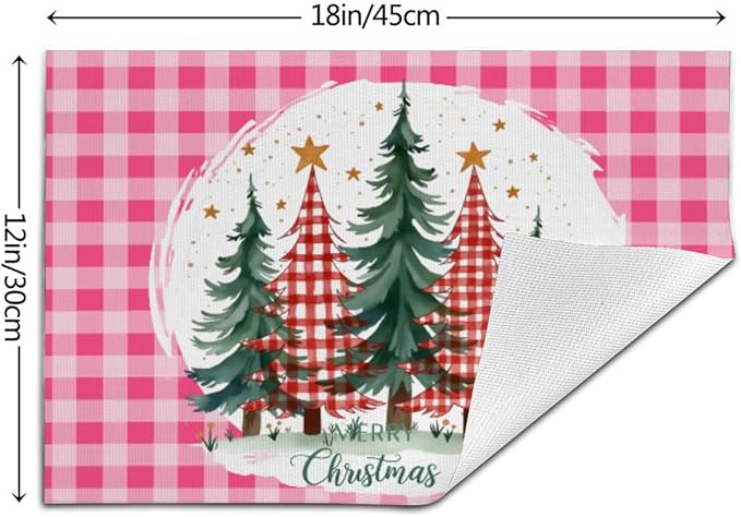 PVC Placemats Set of 4 Wipeable Table Mats Washable Heat Resistant Non Slip Vinyl Dining Table Mat for Kitchen Indoor Outdoor Patio Farmhouse Place Mats Pink Grid Christmas Tree Decorative