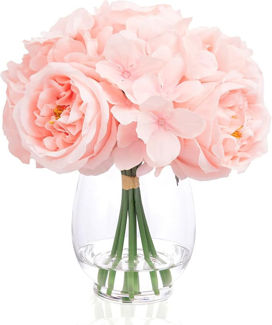Silk Peonies Artificial Flowers with Hydrangea in Glass Vase with Fake Water, Fake Austin Rose Bouquet with Vase for Home Hotel Office Wedding Party Decor as Table Centerpieces & Gift (Blush Pink)