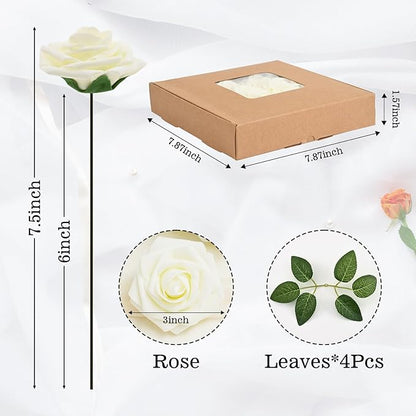 BLEUM CADE 16Pcs Artificial Flowers Fake Roses with Stems, Ivory White Boxed Foam Roses for DIY Bouquets Centerpieces Wedding Party Arrangement Bridal Shower Decor
