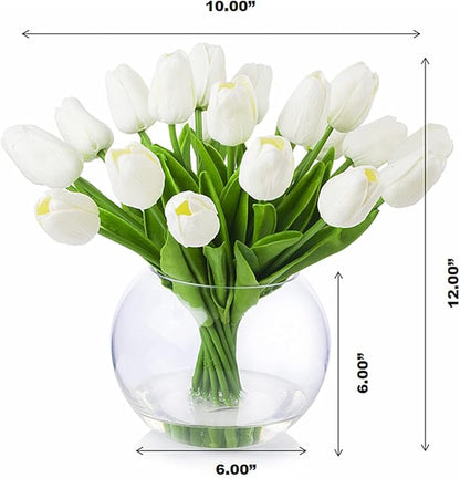 ENOVA FLORAL 20 PCS White Tulips Artificial Flowers with Vase, Real Touch Tulips Floral Arrangements in Vase, Fake Flowers in Vase for Home Office Decor (White)