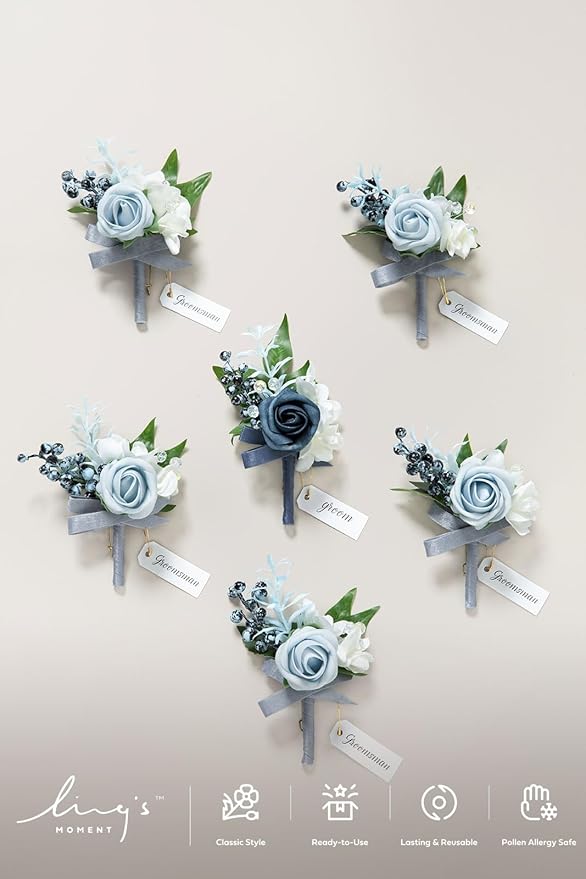 Ling's moment Wedding Artificial Flowers Package, Bridal Bouquet, Bridesmaid Bouquets, Boutonniere for Men, Rose Petals.Blue