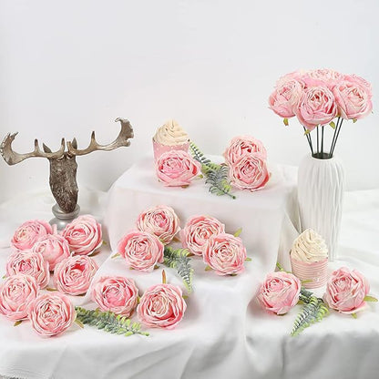 IPOPU Pink Artificial Flowers Rose Heads 25PCS Dried Pink Flowers Artificial Roses with Stems Fake Flowers for Bridal Shower Decorations Silk Flower Heads Bulk Arrangements (Pink)