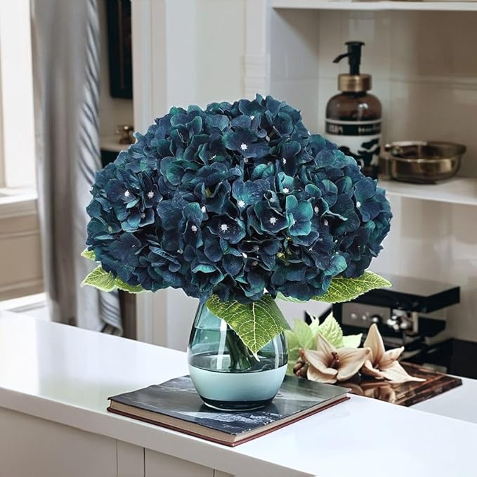 2Bouquets Artificial Fake Flowers Plants Silk Hydrangea Arrangements Wedding Bouquets Decorations Plastic Floral Home Kitchen Garden Party Festival Bar DIY((Dark Peacock Blue)