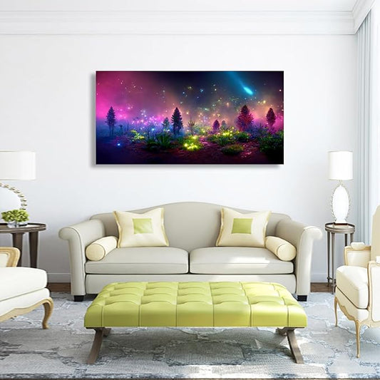 Fantastic Starry light Canvas Wall Art for Living room Office Bedroom Purple Dream Wall Art Print Paintings Modern Forest Fog Pictures Wall Decor Artwork Waterproof Ready to Hang - 70in * 35inch