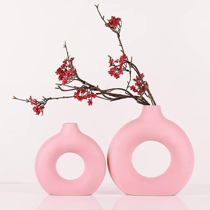 Pink Vase Decor Donut Vase Set of 2 - Circle Hollow Vases, Modern Matte Ceramic Vases for Entryway Living Room Bedroom Dining Table Centerpiece Office Home Decor