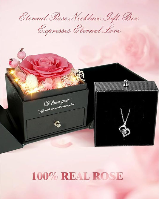 Birthday Gifts for Women, Preserved Real Roses with Heart Necklace I Love You in 100 Languages, Romantic Anniversary Wedding Gifts for Women Her Girlfriend Wife, Forever Roses Necklace Gift Box Pink
