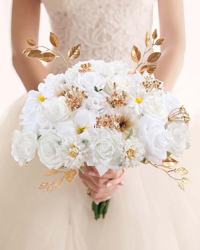 Senseya Artificial Flowers Combo, Milk White Silk Roses, Peonies, Dahlias with Stems for DIY Wedding Bouquets, Baby Shower, Table Centerpieces, Home Decor, Fake Floral Arrangements, Party Decorations