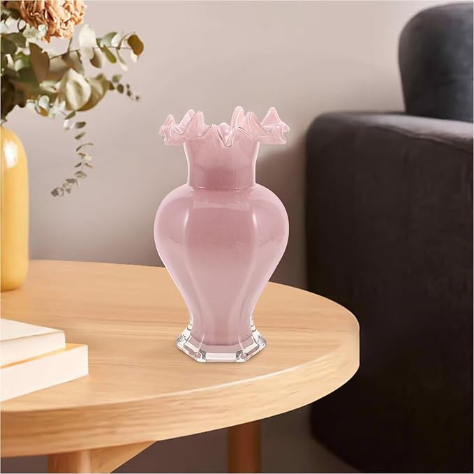 Luxshiny Handblown Glass Vase with Pearlescent Finish Artistic Ripple Mouth Design Sturdy Glass Hydroponic Flower Vase for Home Decoration Living Office Centerpiece Wedding Table Decor in