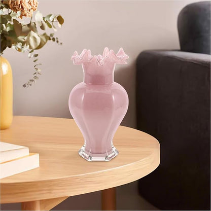 Pearlescent Pink Glass Decorative Vase with Artistic Curved Rim Handblown Artistic Planter for Flower Bouquets Unique Home Accent for Living Dining Table Office and Wedding Decor