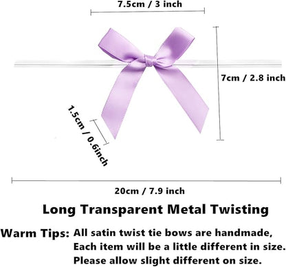 100 PCS 3 Inch Twist Bows for Treat Bags, Satin Twist Tie Bows, Pre Tied Bows with Wire, Ribbon Bows with Twist Ties for Gift Bags, Popcorn Bags, Cookie Bags, Party Favors(Light Purple)