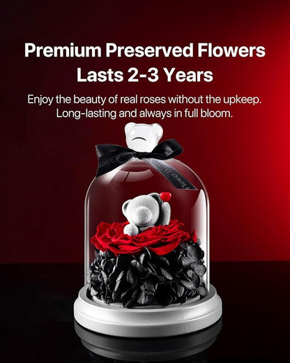 JoyFlower Preserved Flowers with Teddy Bear in Glass Gift, Eternal Rose Gifts for Girlfriend, Preserved Rose Bear with Gift Box for Wife Mom Her on Birthday, Valentine's Day, Mother's Day, Anniversary