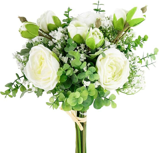 DEEMEI Artificial Babys Breath Flowers Silk White Peony Roses Eucalyptus Leaves Wedding Bridal Bouquets for Table Centerpieces (2 Bundles)