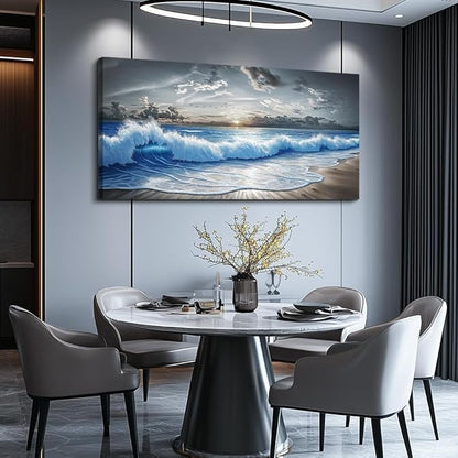 PHAOHUAXM Large Canvas Printed Artworks Mural Wall Decor For Living Room Wall Art For Bedroom Office Decor Black White And Blue Ocean Wave Landscape Painting Modern Home Decor Ready To Hang 30"X60"