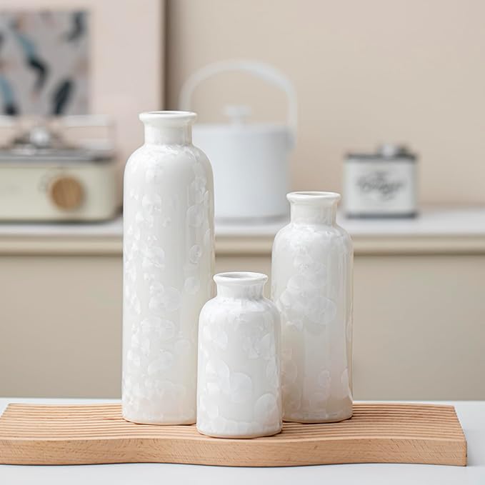 Modern Ceramic Vase Set of 3, White Crystalline Glaze Colors, Decorative Bottles for Home, Farmhouse Rustic Decor (Crystalline Glaze White)