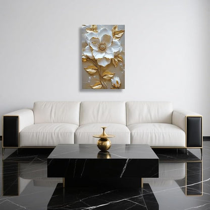 ZSHARTSWD Abstract White & Gold Floral Canvas Wall Art Elegant Flowers Pictures Prints White Flower Golden Leaves Painting Living Room Bathroom Decor Framed (Beige, 36L x 24W)