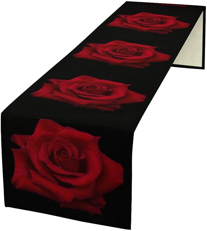 Red Rose Table Runner,Romantic Flower Black Table Runner for Indoor Outdoor Holiday Home Wedding Party 13x36 Inch
