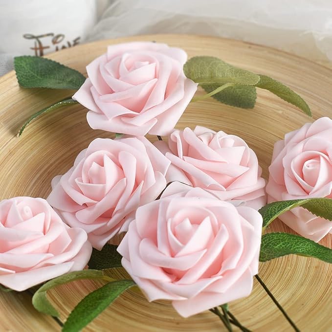 homEdge Artificial Rose, 25pcs Foam Artificial Flowers with Stem for Home Decorations, Wedding Bouquets, Party, Certerpieces, Anniversaries-Champagne Pink