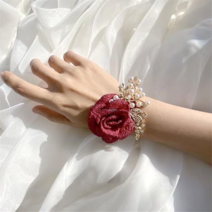 1PCS Wedding Wrist Flower,Bridesmaid Bride Wrist Flower Corsage Decoration Hand Flowers,Wine Red