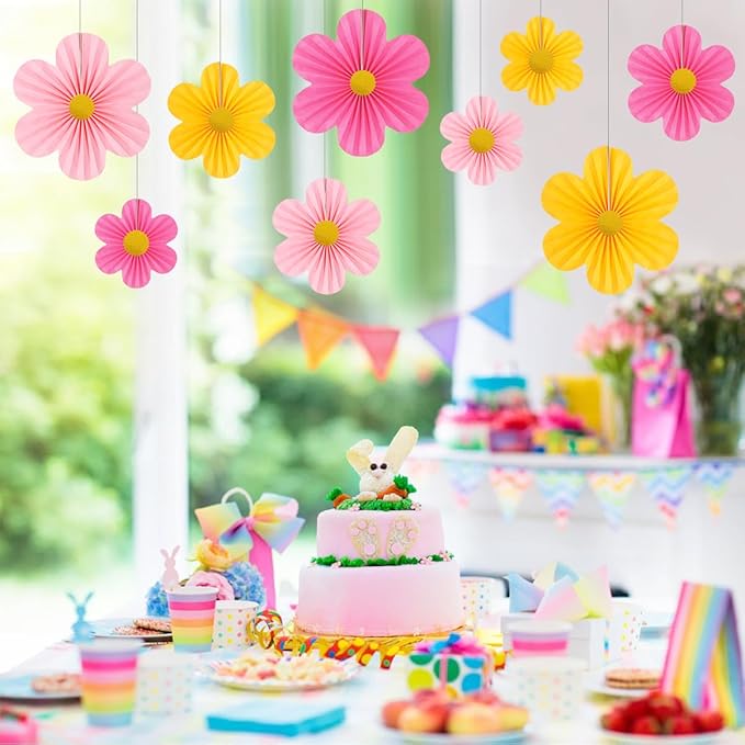 Pink Party Decorations Paper Flowers Decorations for Wall Classroom Paper Fans Floral Backdrop Flower Wall Decor Pack of 9 Pink Yellow