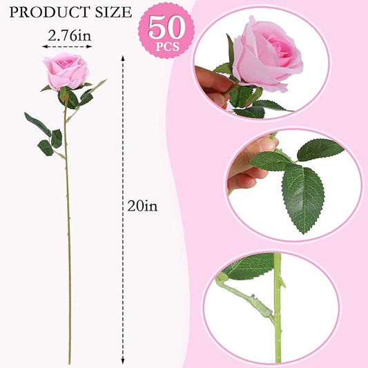 Hananona 50 Artificial Roses in Bulk, Fake Silk Pink Roses Realistic Roses for Wedding Centerpieces Flower Arrangement Home Decor (50, Pink)