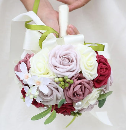 Lightweight Bridal Wedding Bouquet Round Holding Bouquet Throw Toss Artificial Rose Flower Bunch for Bride Bridesmaid Wedding Quinceanera (Cream, Smoky Rose, Light Taro & Burgundy, 7.9")