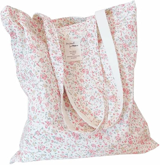 Cotton Canvas Tote Bag Reusable Soft Grocery Cloth Bag Floral Shoulder Bag for Beach Travel Shopping