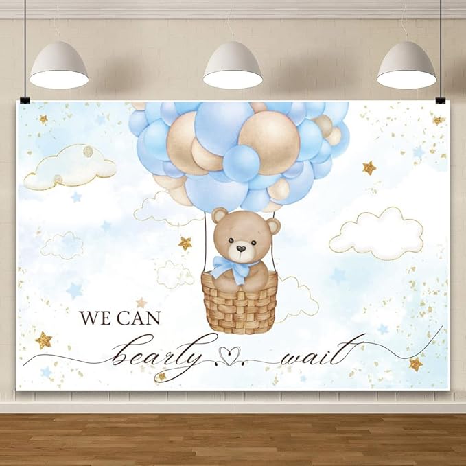 ChloropLastid We Can Bearly Wait Baby Backdrop Boy Bear Hot Air Balloon Baby Shower Photography Background Blue Balloons Clouds Stars Baby Party Cake Photo Decoration 10x8ft