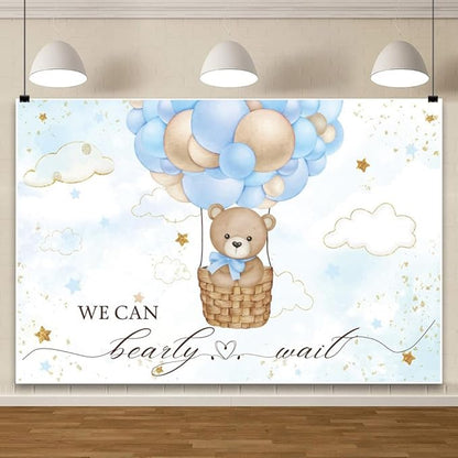 ChloropLastid We Can Bearly Wait Baby Photo Backdrop 8x6ft Baby Bear Blue Hot Air Balloon Background for Boys Balloons Clouds Stars Baby Shower Newborn Party Banner Decor Studio Prop Decor