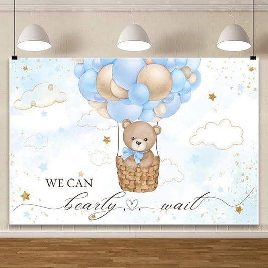ChloropLastid We Can Bearly Wait Baby Photo Backdrop 12x10ft Pink Hot Air Balloon Bear Background for Baby Balloons Clouds Stars Girl Baby Shower Newborn Party Cake Photo Decoration