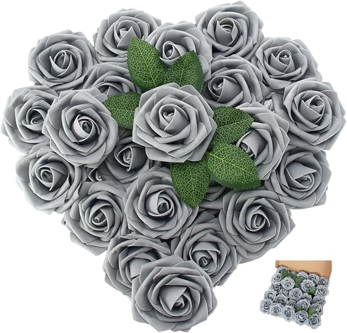 [25PCS] Grey Roses Artificial Flowers with Long Stem Real Touch Fake Foam Roses for Decoration DIY Wedding Bouquets Centerpieces Bridal Shower Mothers Day Party Flower Arrangements Home Decor