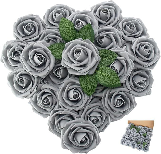 [25PCS] Grey Roses Artificial Flowers with Long Stem Real Touch Fake Foam Roses for Decoration DIY Wedding Bouquets Centerpieces Bridal Shower Mothers Day Party Flower Arrangements Home Decor