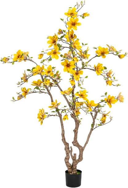 Faux Magnolia Tree 6.8 ft - with 57 Pcs Yellow Artificial Flowers - Tall Artificial Plants Indoor, Large Fake Plant Perfect Potted Magnolia Flower Decor for Living Room, Stairs, Shop, Study Room