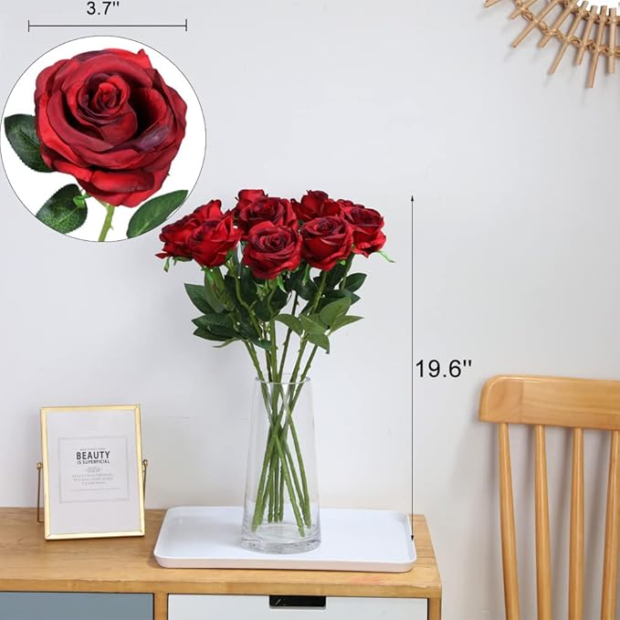 Nubry Artificial Silk Rose Flower Bouquet Lifelike Fake Rose for Wedding Home Party Decoration Event Gift 10pcs (Wine Red)