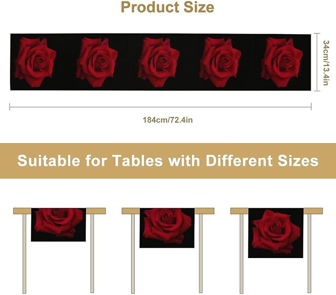 Red Rose Table Runner,Romantic Flower Black Table Runner for Indoor Outdoor Holiday Home Wedding Party 13x90 Inch