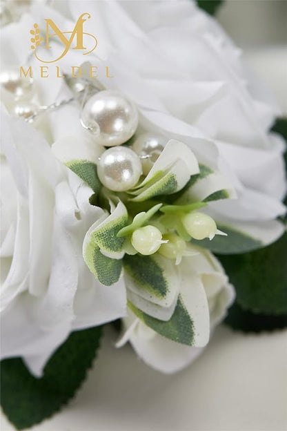 Meldel Prom Wrist Corsage and Boutonniere Set for Wedding, White Rose Boutonniere for Men Wedding, Wrist Flower for Bride Bridesmaid, Hand Flower for Wedding Ceremony Anniversary, Party, Homecoming