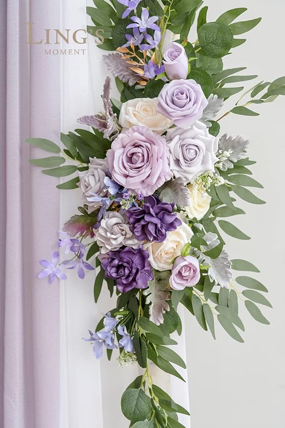Ling's moment Wedding Arch Flowers with Sheer Drapes Kit - Artificial Purple and Gold Rose Floral Arrangements for Ceremony Backdrop, Arbor Decor, 5-Piece Set (2 Flower Stems + 3 Hanging Drapes)