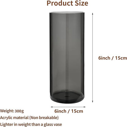 Flower Vase, Non-breakable Vases, 6" W x 6" H, Acrylic Grey Vase, Aesthetic Room Decor Cylindrical Modern Flower Vases for Table Centerpiece, Home Decor, Women Floral Arrangement Gift