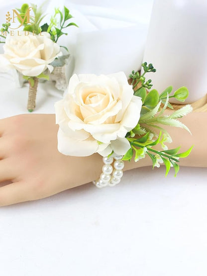 Meldel Wrist Corsage and Boutonniere Set for Wedding, Set of 2, Rose Wrist Flower Wristlet Bracelet for Bride Bridesmaid, Groom Best Man Boutonniere Wedding Flowers Accessories Prom Ceremony Party