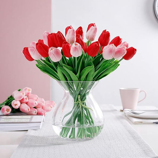 30 Pcs Fake Latex Tulips Artificial Flowers Faux Tulip Stems Real Touch Tulips for Wedding Party Home Decoration (Red)